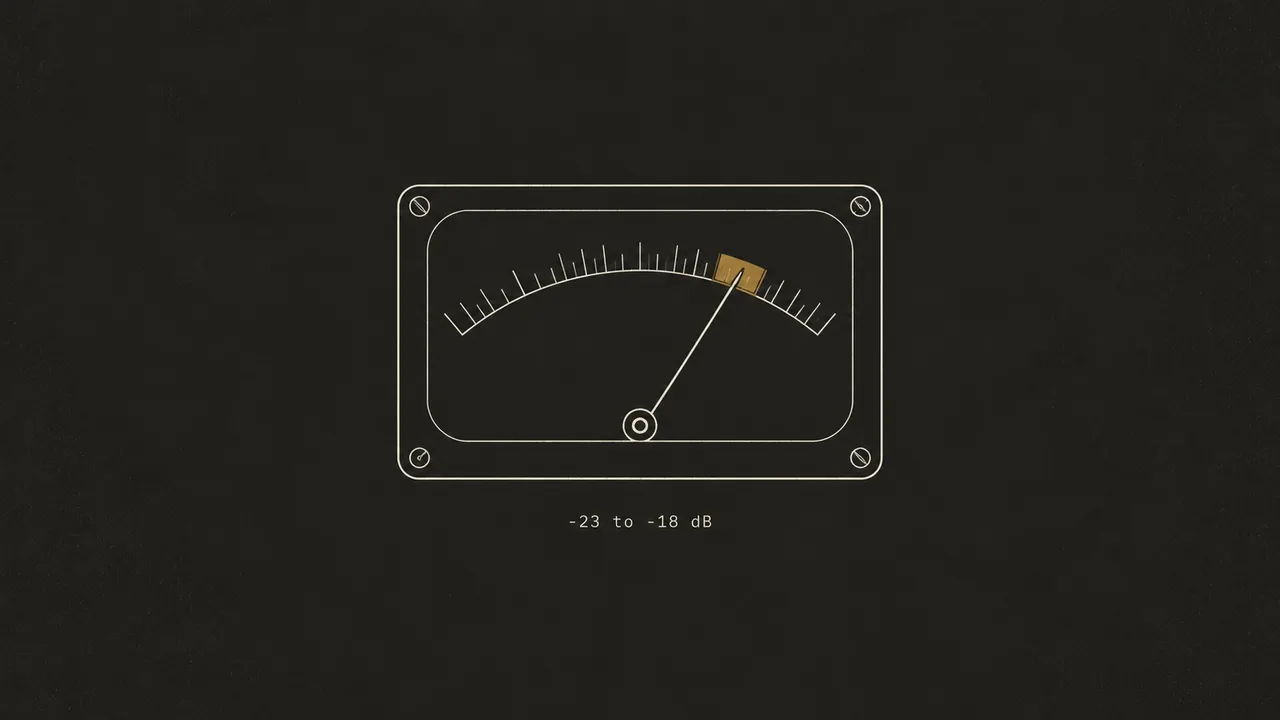 Analog VU meter on a dark ground with the needle in a brass band, labeled -23 to -18 dB