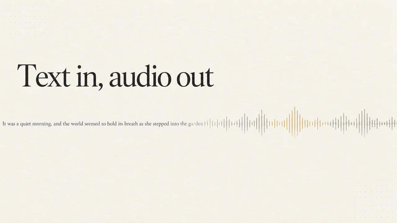 Editorial cover reading Text in, audio out, with a line of manuscript text turning into a waveform