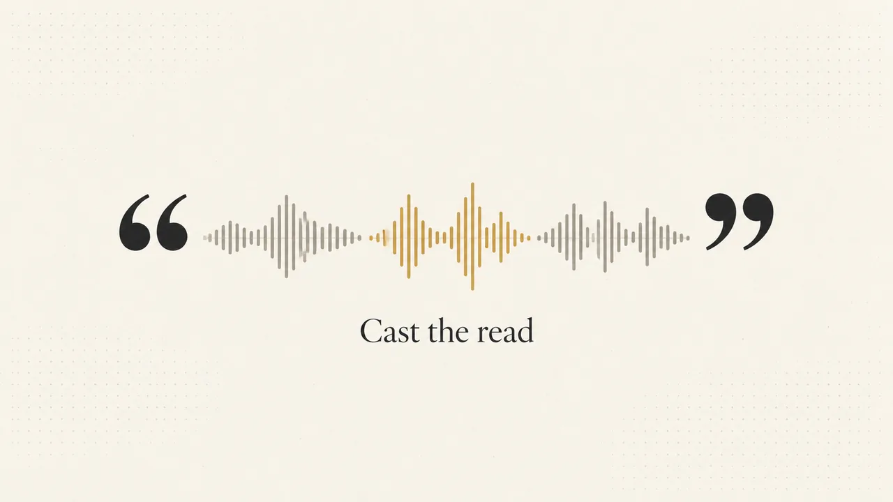 Editorial cover with quotation marks around a three-voice waveform and the phrase Cast the read