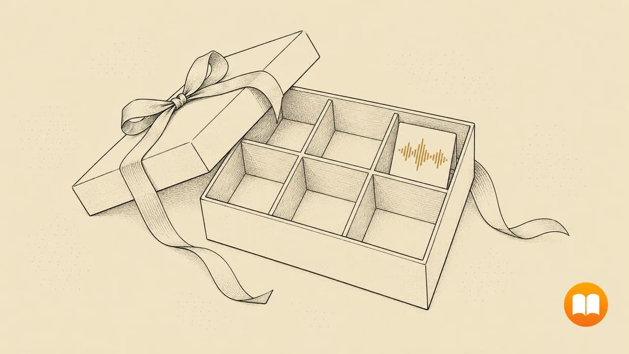 Open gift box with empty compartments and one brass waveform card, with the Apple Books mark
