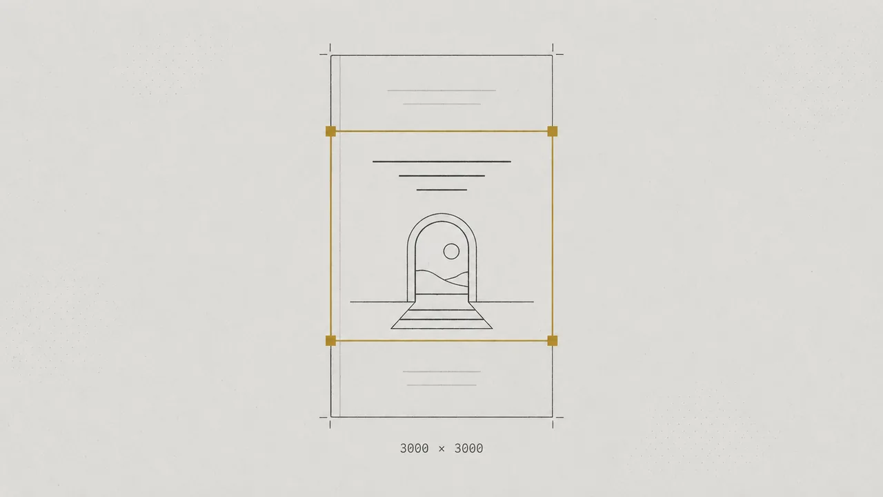 Tall book cover with a brass square crop frame over it, labeled 3000 × 3000