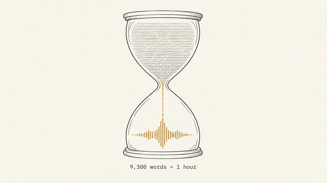 Hourglass with manuscript lines in the top bulb falling into a brass waveform, labeled 9,300 words = 1 hour