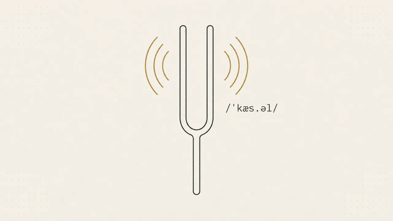 Tuning fork ringing with brass sound arcs beside a phonetic spelling