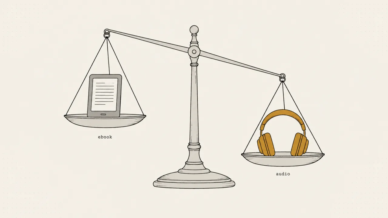 Line-art balance scale with an e-reader on one pan and brass headphones on the lower pan, labeled ebook and audio