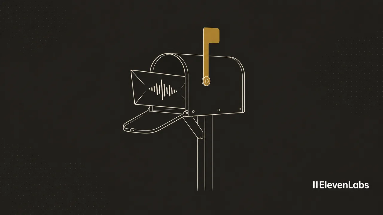 Mailbox on a dark ground with a brass flag raised and a waveform envelope in the slot, with the ElevenLabs wordmark