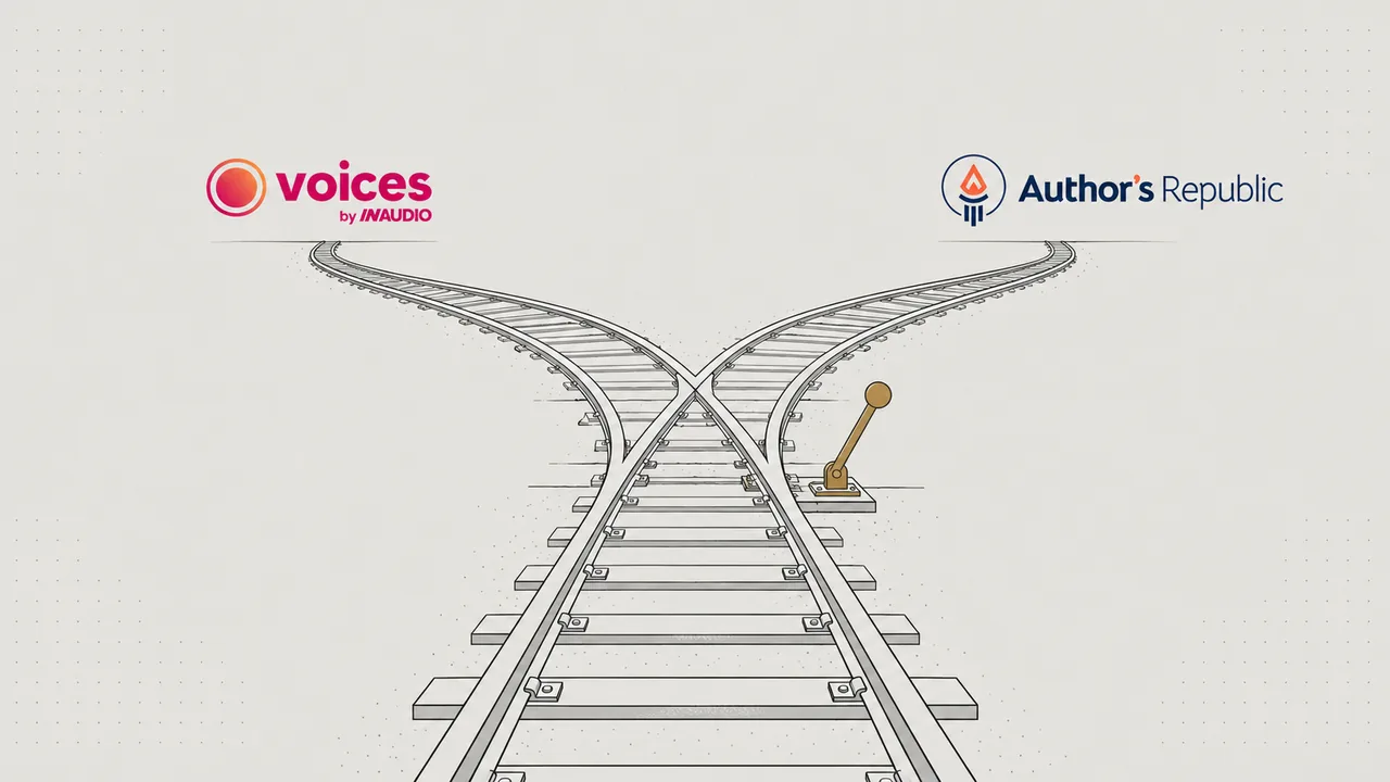 Railway track splitting toward the Voices by INaudio and Author's Republic logos, with a brass switch lever