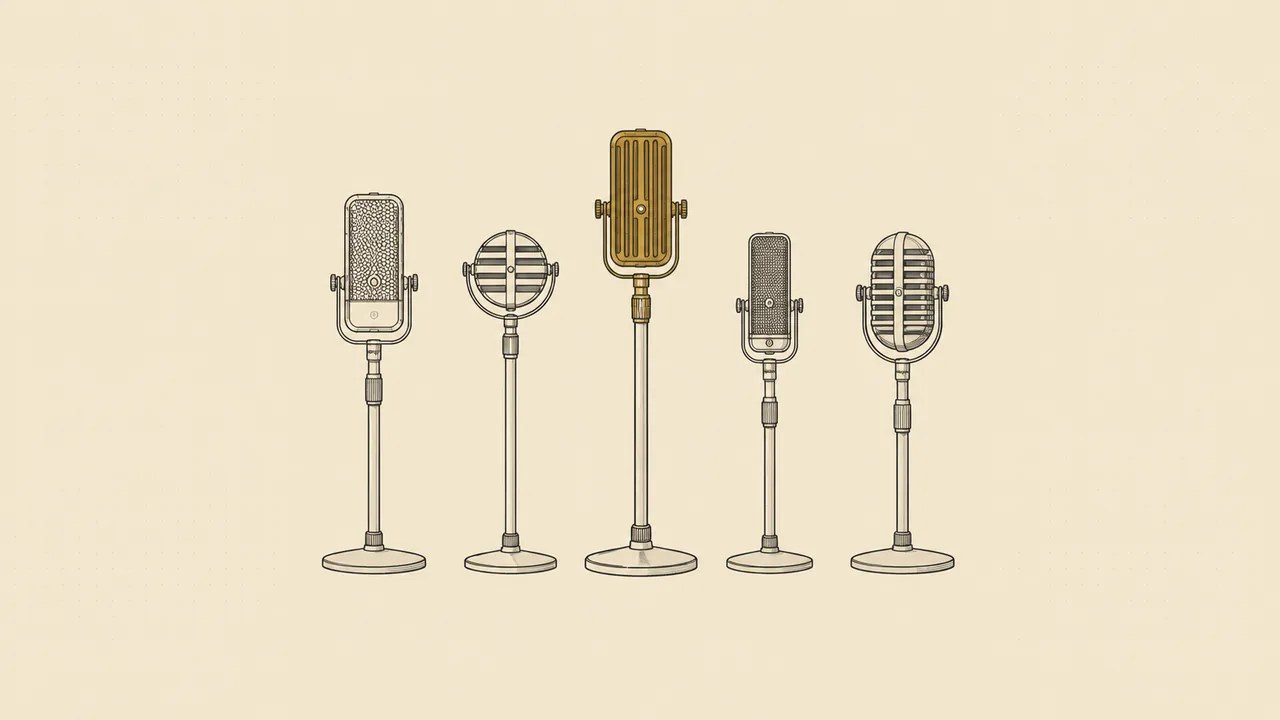 Lineup of five vintage studio microphones with the tallest one in brass