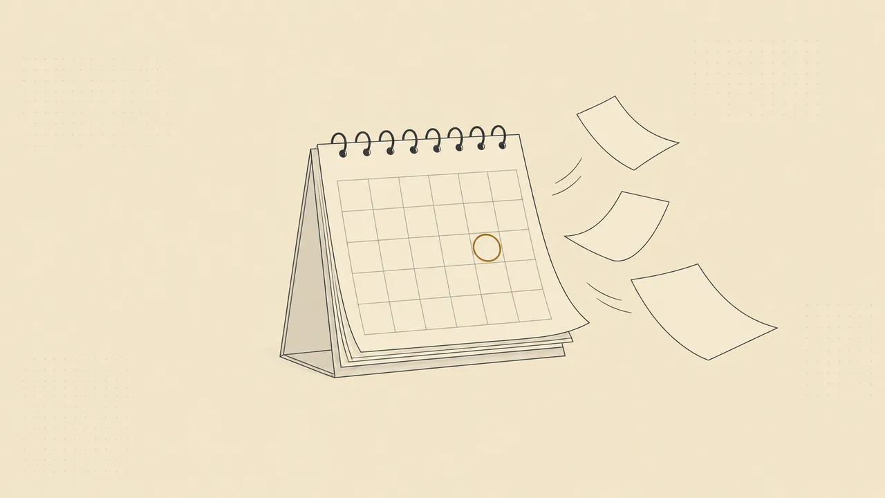 Desk calendar shedding pages with one day circled in brass