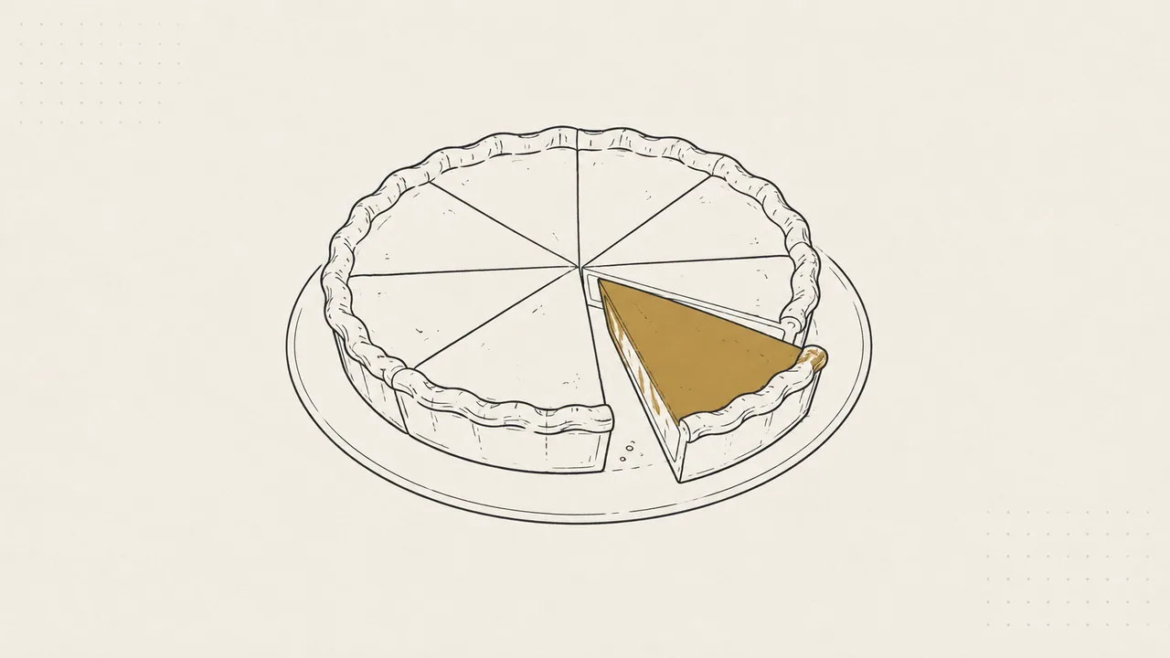 Sliced pie on a plate with one brass slice pulled out