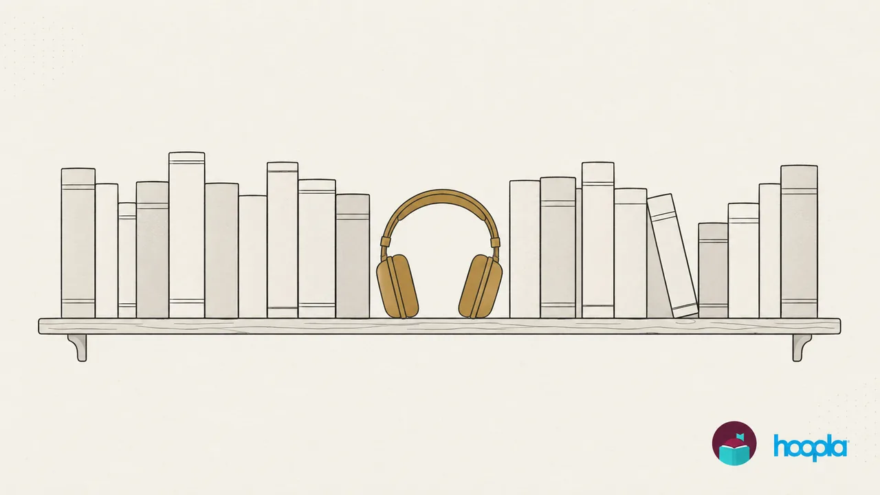 Library bookshelf with brass headphones standing among the books, with the Libby and hoopla marks