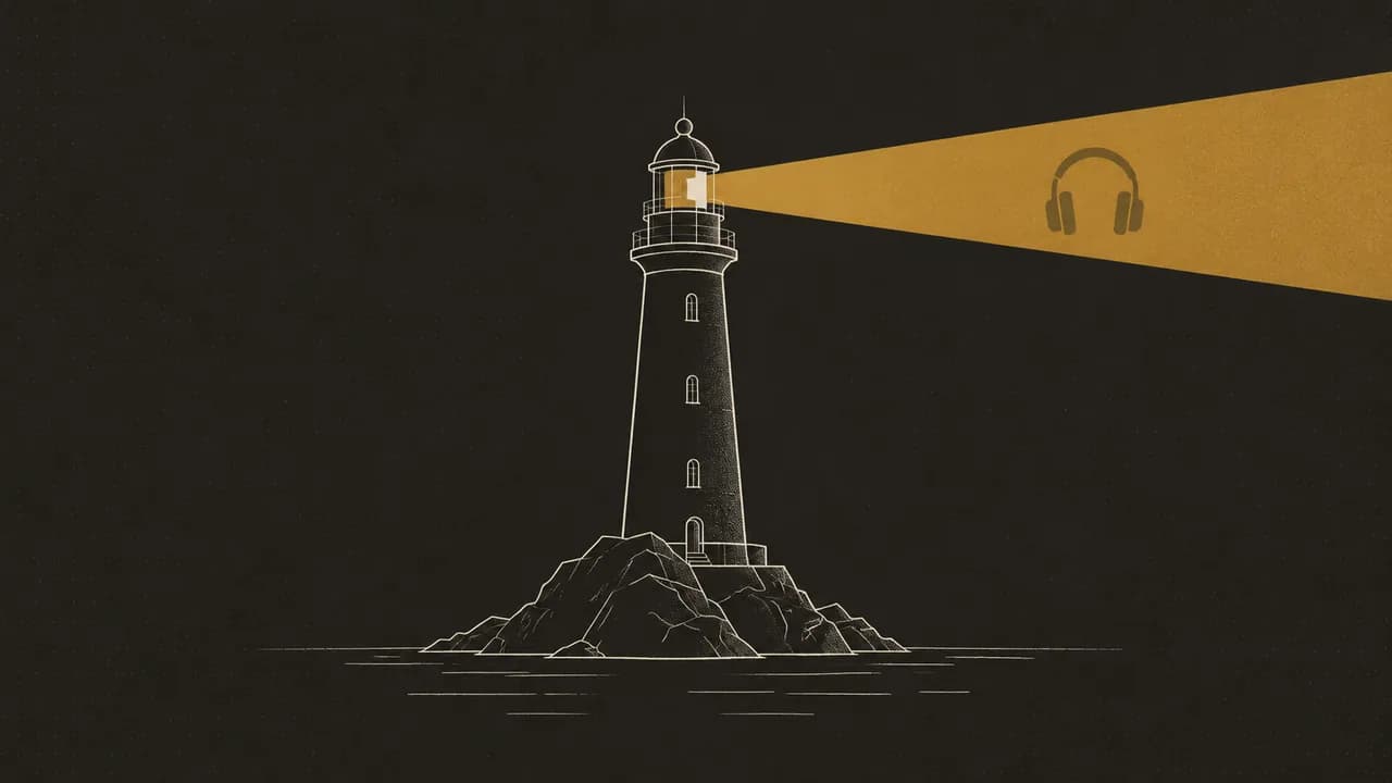 Lighthouse on a dark sea casting a brass beam with headphones in the light