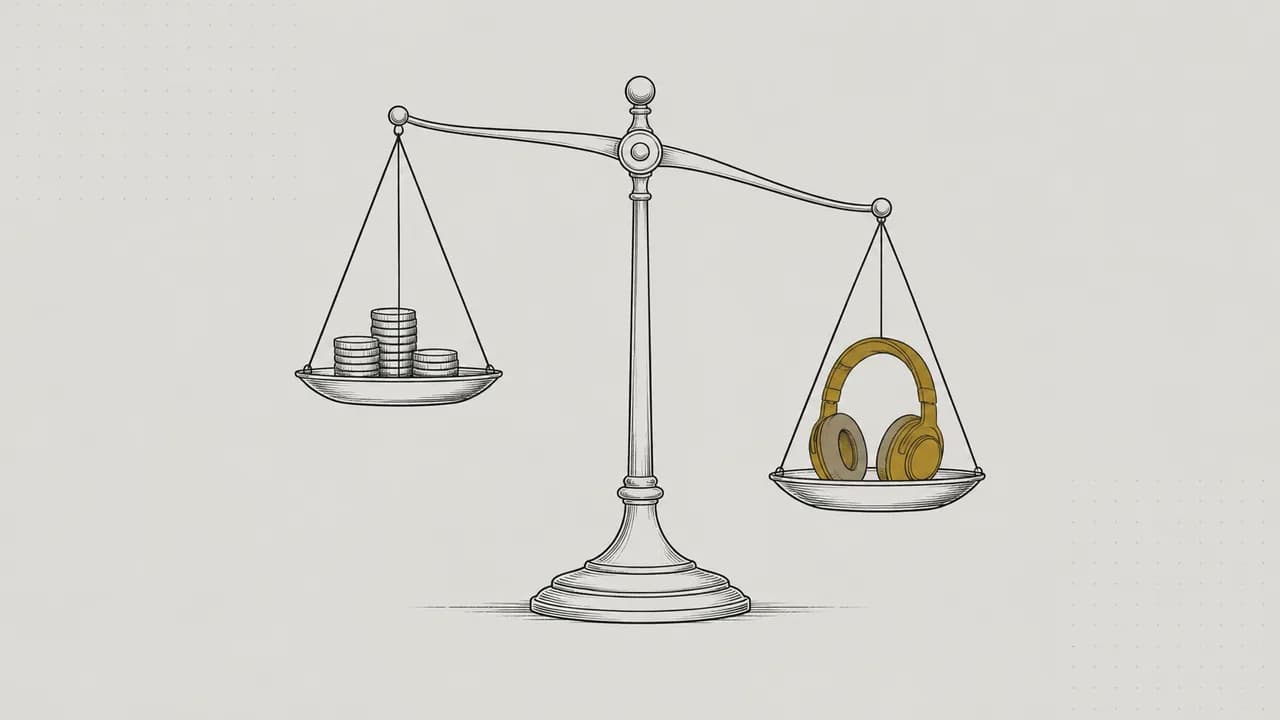 Balance scale with coins on one pan and brass headphones on the other