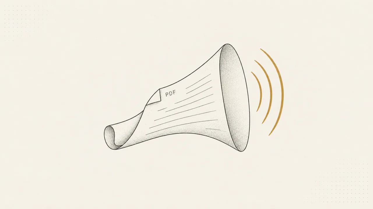 A PDF page rolled into a gramophone horn with brass sound waves coming out
