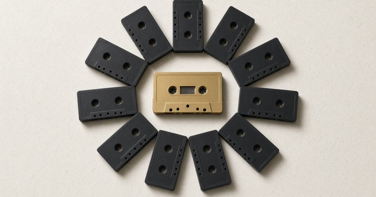 One brass cassette at the center of a ring of black cassettes