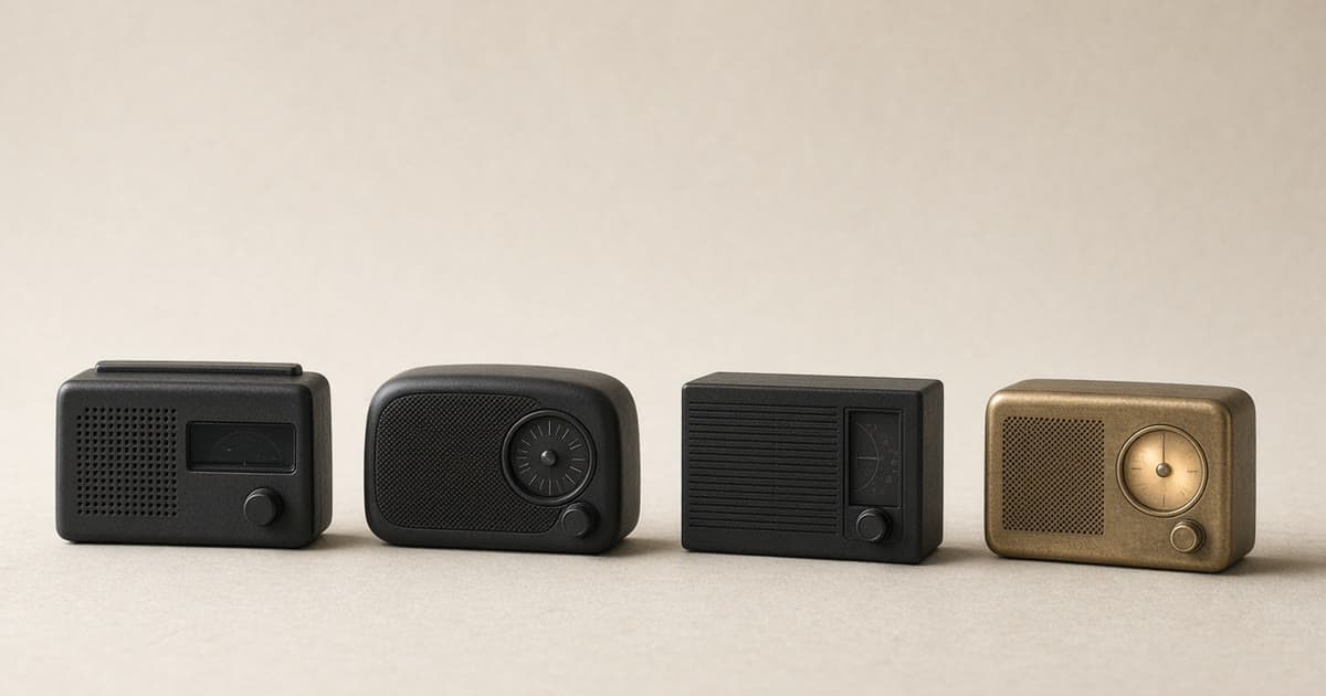 Four small vintage radios in a row, one glowing brass