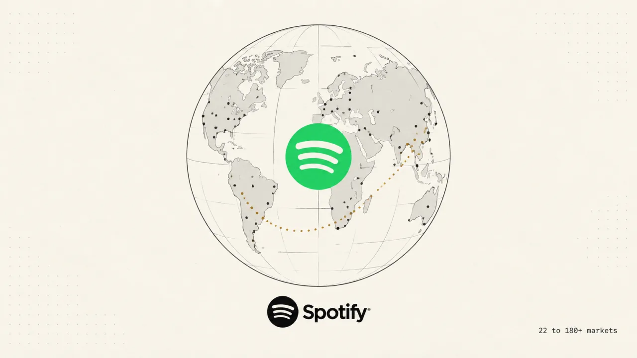 Line-art globe with the Spotify mark at its center and brass dots tracing new markets