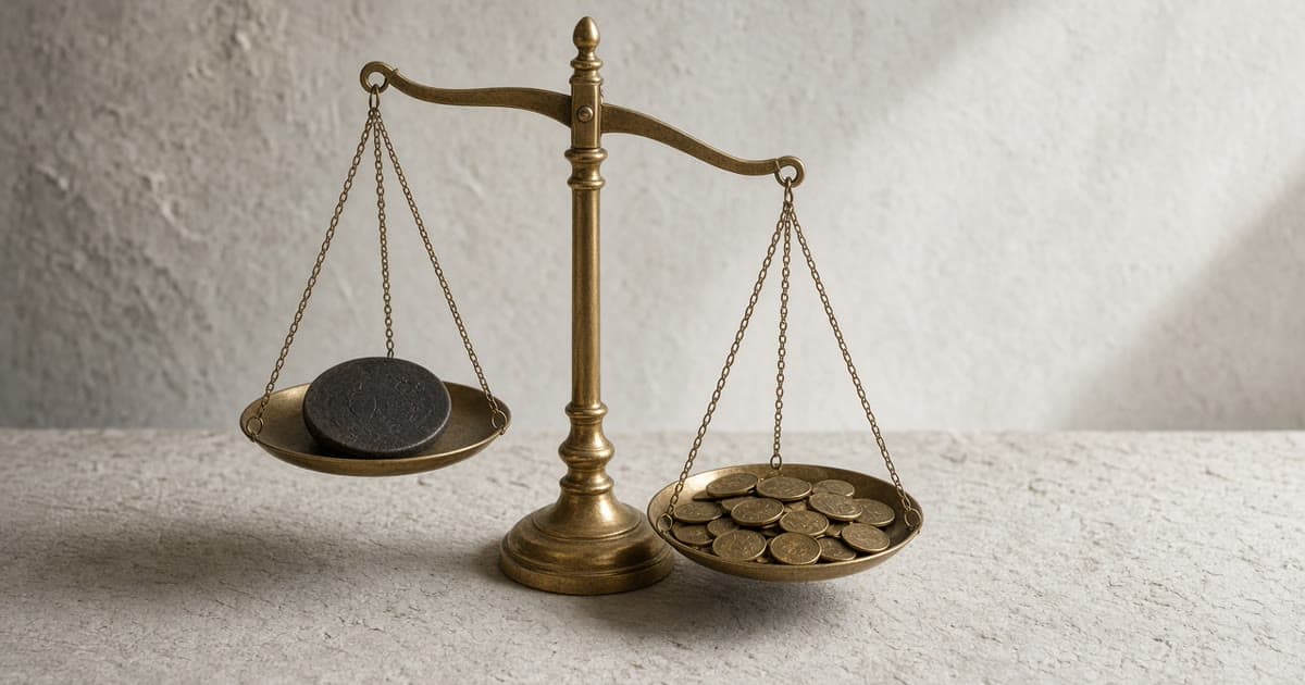 Brass balance scale with one large coin on one side and many small coins tipping the other