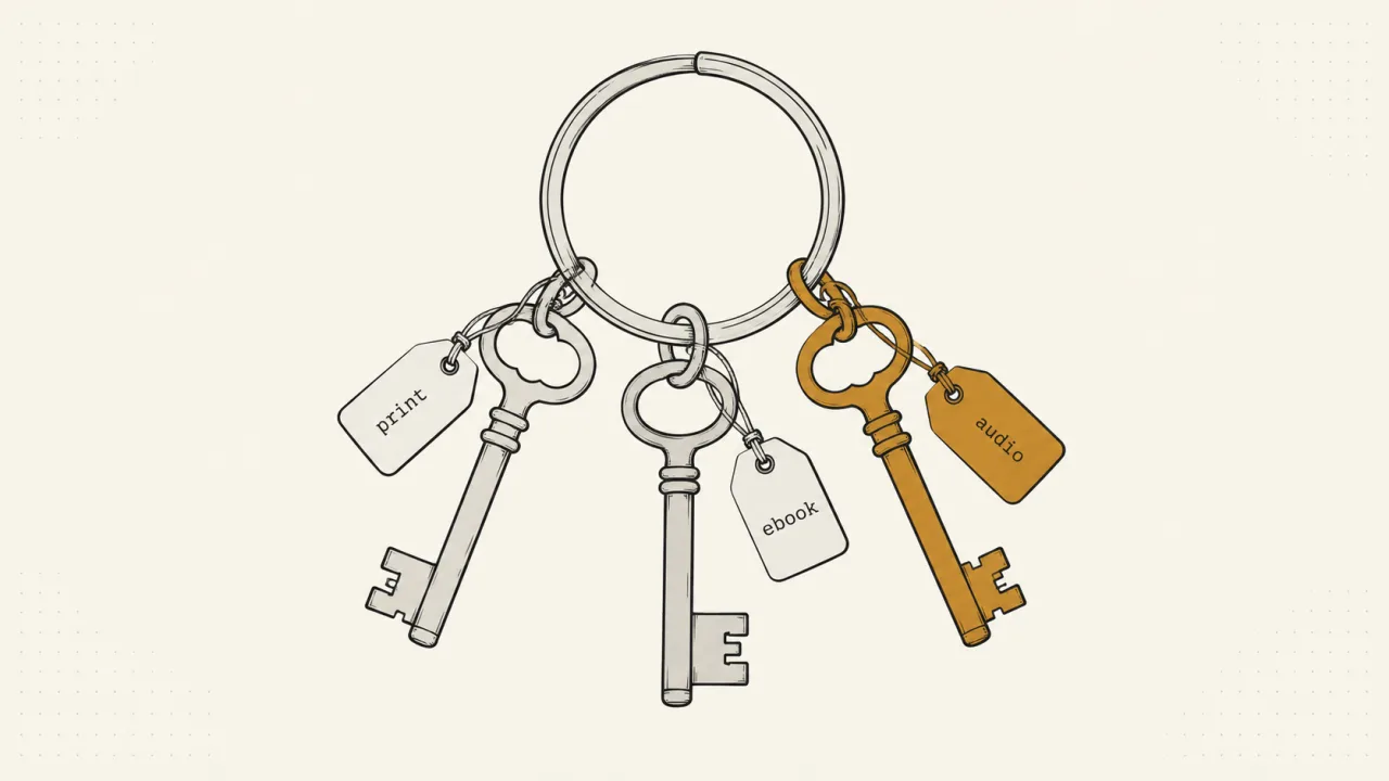 Line-art key ring with three tagged keys for print, ebook and audio, the audio key in brass
