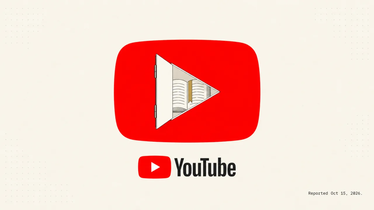 YouTube play button with its triangle swung open like a door onto a book with a brass bookmark